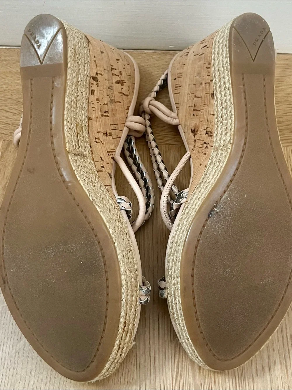 Prada Espadrille Cork Wedge Woven Strappy Tan Silver Pink Sandals Size EU 7/US 7